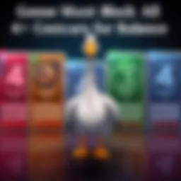 A cartoon goose standing in front of cards marked with a cost of 4 or more, symbolizing the need to block them for game balance.