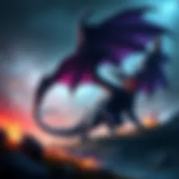 A fierce Gore Magala attacking in a fantasy landscape, showcasing its dark wings and glowing eyes.