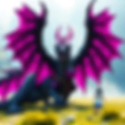 Gore Magala, a dragon-like monster with black scales and vibrant purple wings, featured in a voting scene for T.A.B.S. Monster Hunter faction.