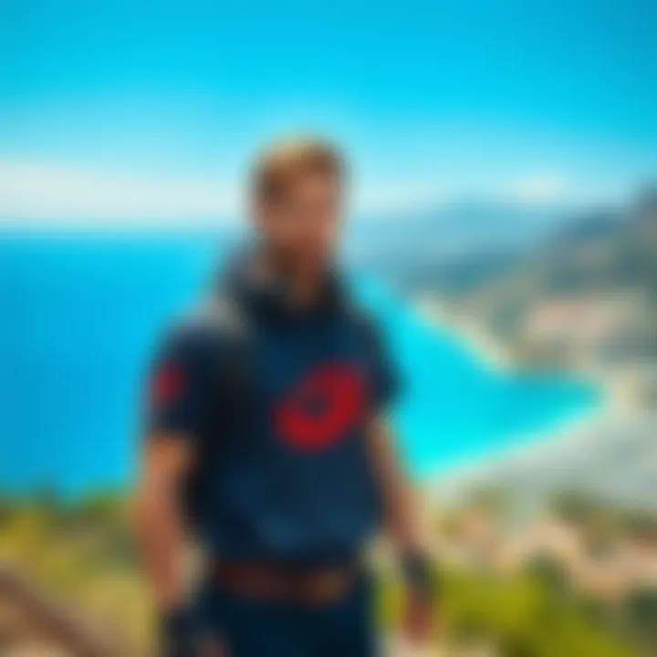 A gamer, representing Gorgc, stands in front of a scenic view of Cyprus with the sea and mountains in the background.