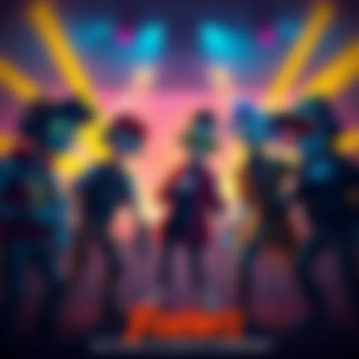 Gorillaz characters dressed as Fortnite heroes in a vibrant game-inspired setting with concert elements