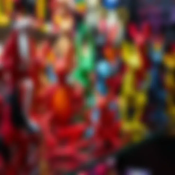 A detailed view of various colorful Gormiti figures displayed on a shelf, highlighting their shapes and designs.