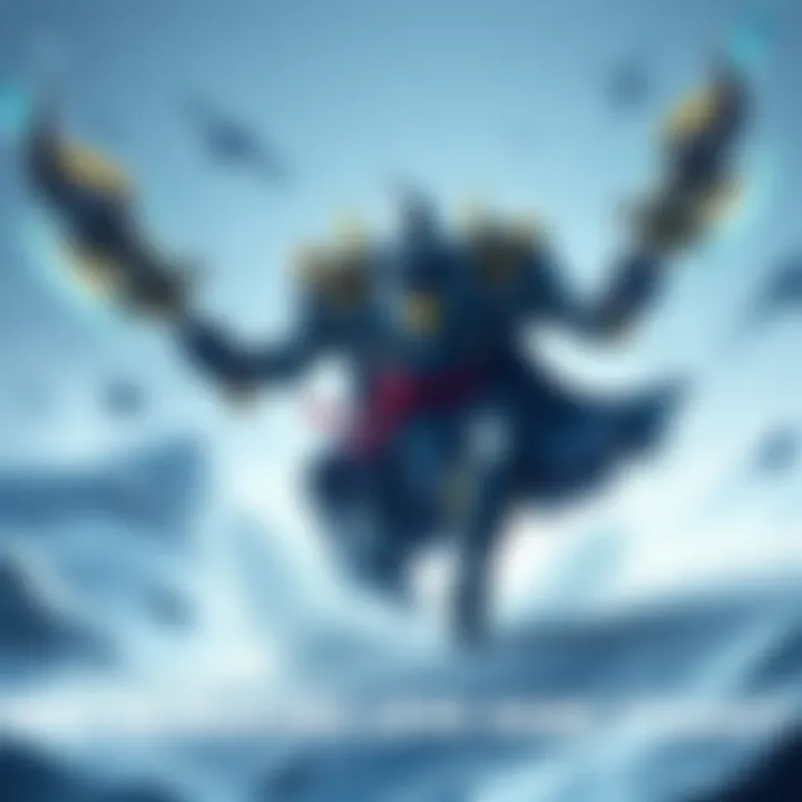 Goss Harag in Action Goss Harag charging forward with ice weapons raised, surrounded by a snowy landscape, showcasing its fierce design and powerful presence.