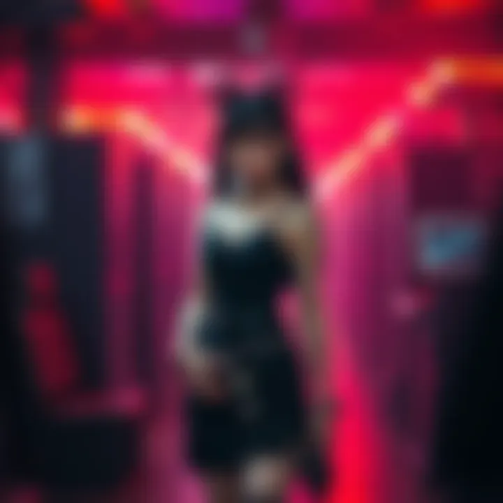 A goth girl wearing a black dress with unique accessories, standing confidently, surrounded by dark aesthetic elements.