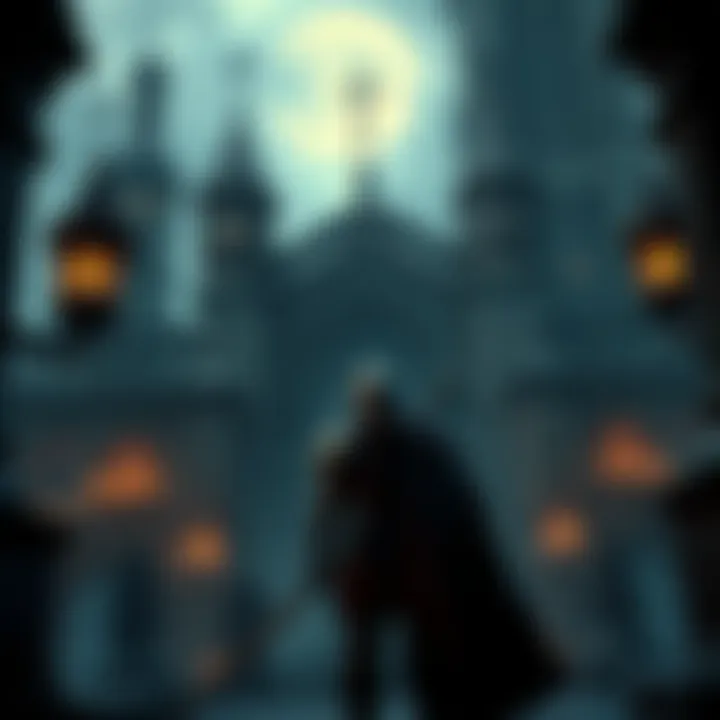 Gothic Gaming Adventure A dark medieval scene featuring a warrior surrounded by gothic architecture, evoking emotion and adventure in gaming.
