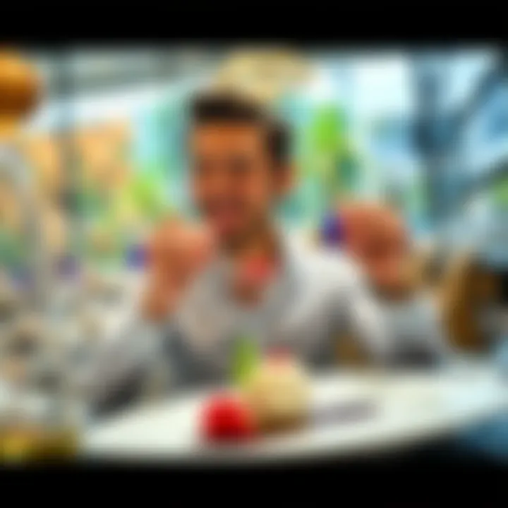 A person savoring a beautifully plated dessert with a joyful expression, surrounded by elegant dining decor