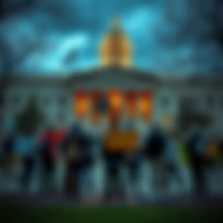 A group of people gathering outside a government building, holding protest signs about cult violence and public safety.