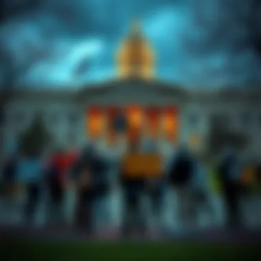 Government Oversight on Cult Violence A group of people gathering outside a government building, holding protest signs about cult violence and public safety.