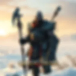Character from God of War: Ragnarok A warrior holding a weapon in a snowy landscape, with elements that hint at Death Stranding influences