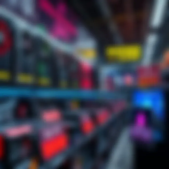 A display of various graphics cards showcasing high prices and sold-out signs at a computer store