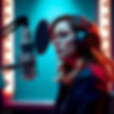 Grace Ashcroft performing voice acting in a recording studio, showcasing her emotional range, with a microphone and headphones.