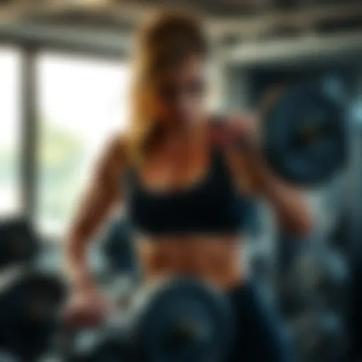 Grace Ashford lifting weights in a gym, showcasing her muscular transformation and intense focus.