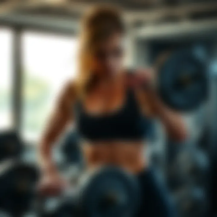 Grace Ashford lifting weights in a gym, showcasing her muscular transformation and intense focus.