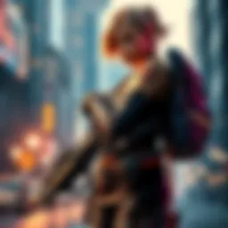 Grace stands confidently with a weapon, wearing tactical gear, embodying strength and determination, with a city backdrop