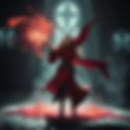 A mage named Grace casts a blood projectile in a medieval setting, wearing a flowing robe and holding a staff, surrounded by mystical energy.