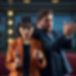 A scene showing Grace looking anxious while Zeno poses dramatically with flair, showcasing their contrasting personalities in a humorous interaction.