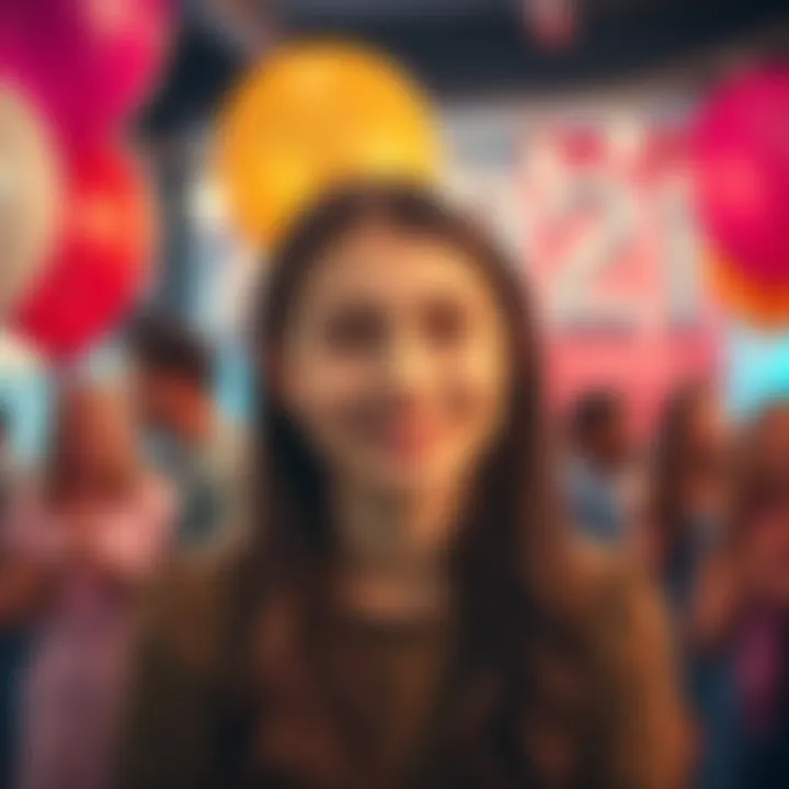 Grace at 21 A young woman celebrating her 21st birthday, smiling brightly with balloons in a lively setting.