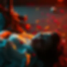 Grace lying on the ground after being stabbed by Gideon, looking unconscious and vulnerable, with a faint glow representing the Nemesis virus