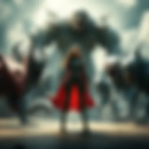 A powerful figure named Grace stands boldly in front of various types of monsters, showcasing her strength and confidence as they watch her with caution.