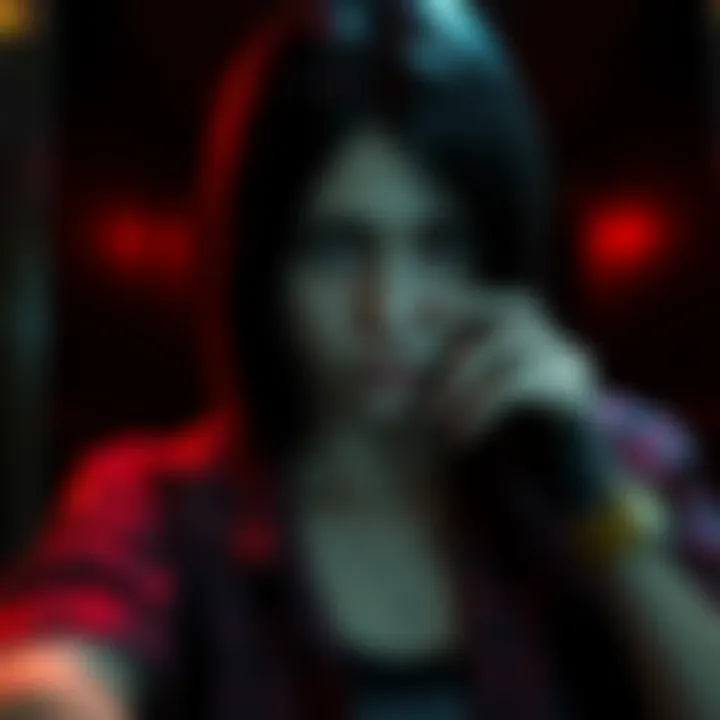 A scene of Grace from RE9 visibly struggling with anxiety, displaying panic and avoiding eye contact while in a dark, intense environment.