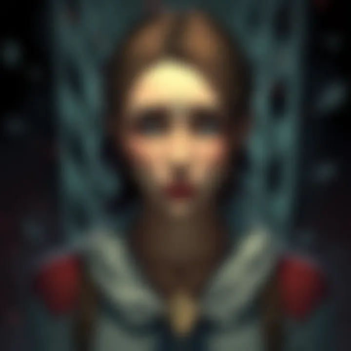 Grace displaying anxiety in a dark setting, showcasing her troubled character in Requiem, with a backdrop of chaos and uncertainty.