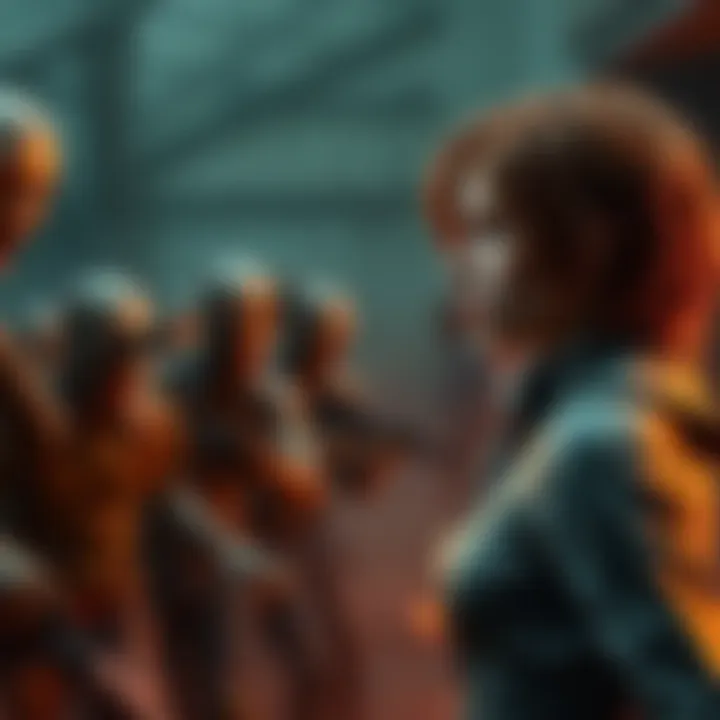 Grace, a character with a stutter, stands bravely facing zombies in a tense moment