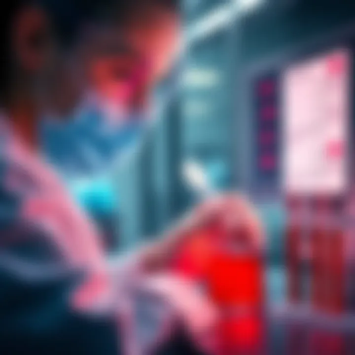 Grace's Blood Test Results A lab technician analyzes blood samples with test results on display, highlighting Grace's unexpected match for all tests in RE9.