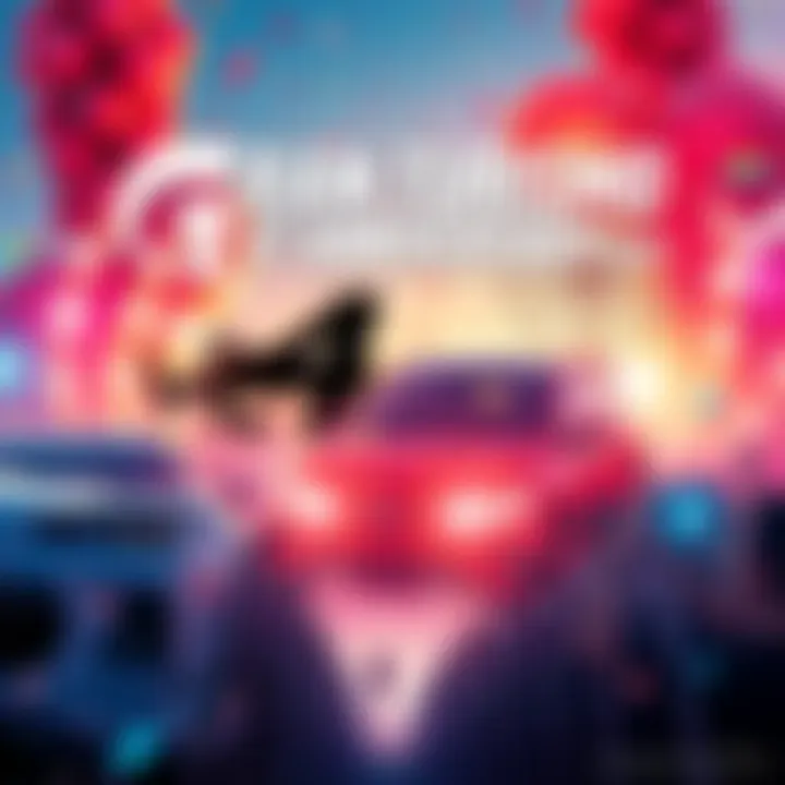 A vibrant celebration scene for Gran Turismo 7's 4th anniversary featuring racing cars, confetti, and fans enjoying the game.