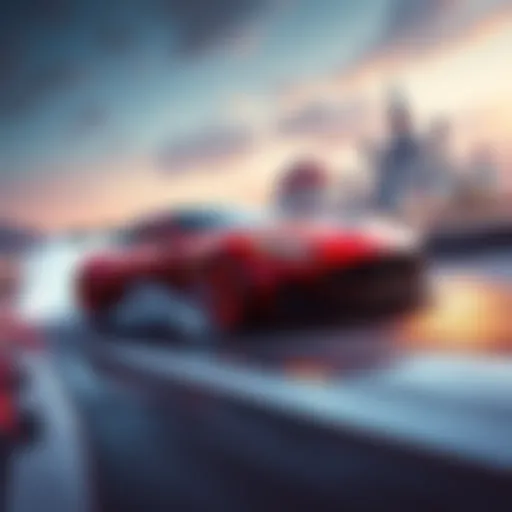 Concept art showing cars racing in an open world environment with diverse landscapes and city scenery.