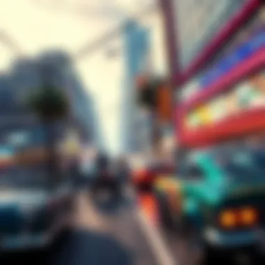 A vibrant scene from Grand Theft Auto showing an urban environment with cars and characters interacting.