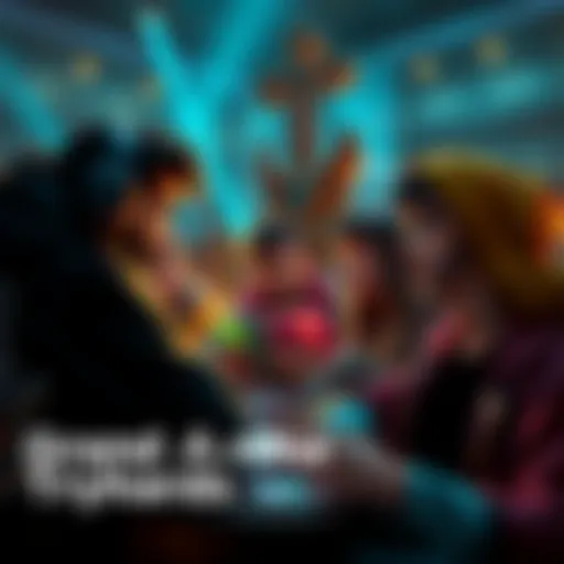 Players in Grand Arena with custom decks A group of players engaged in a discussion about custom decks in the Grand Arena, highlighting their passion for unique strategies.