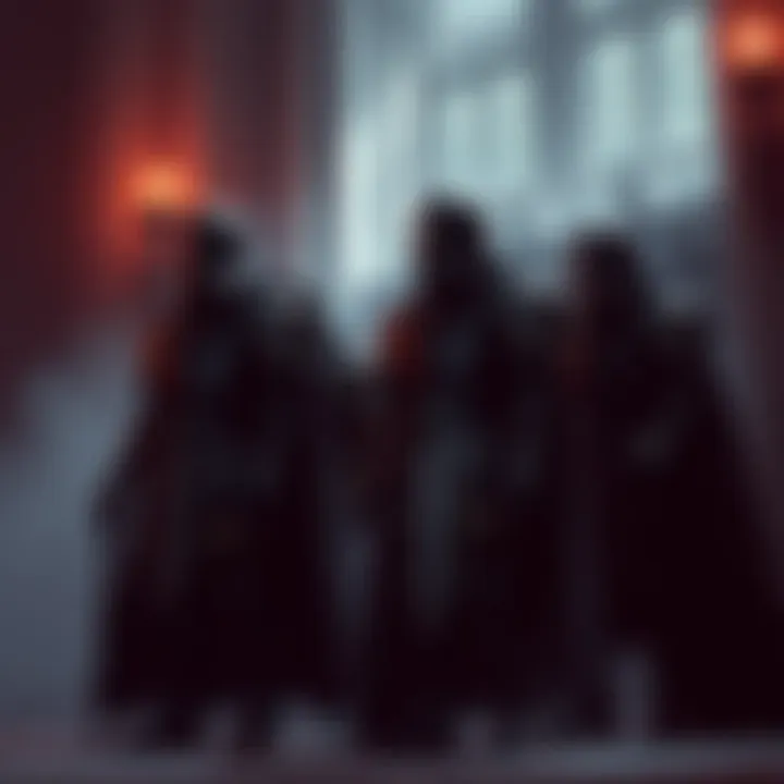 A dark and shadowy scene featuring imposing grand guards in armor, standing watch in a foreboding environment, highlighting their sinister presence.