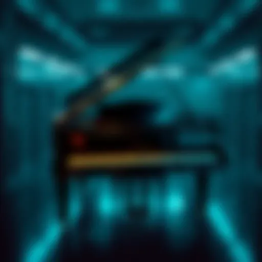 A grand piano in Valentino Morgue featuring 116 keys, highlighting the unusual last eight keys configuration