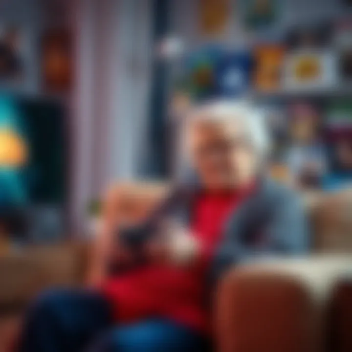 A grandmother enjoys playing a PlayStation 5 game, surrounded by colorful game titles and a cozy living space.