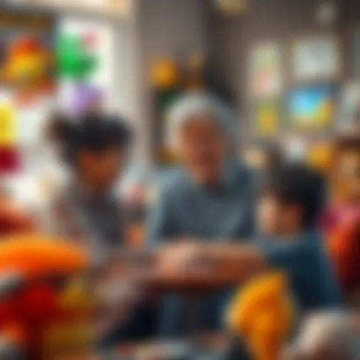 A cheerful grandmother discussing game ideas with children in a cozy office filled with colorful game art and plush toys.