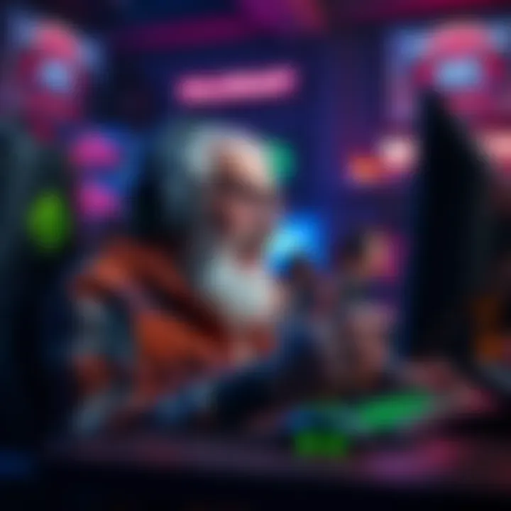 A grandpa in a gaming setup, focused on his screen, celebrating after achieving a 4K clutch in Valorant