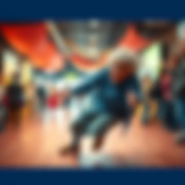 Granny Trying a 360 Spin A grandmother attempts a 360 spin, looking surprised as she loses her balance and stumbles, causing laughter from onlookers.