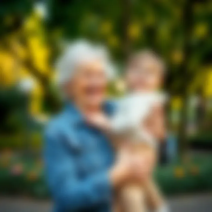 A joyful 40-year-old granny holding her grandchild in a park, showcasing a loving bond and breaking age stereotypes in parenting.