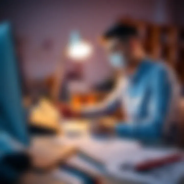 A designer reviewing a job application on a computer, with design tools and sketches scattered around