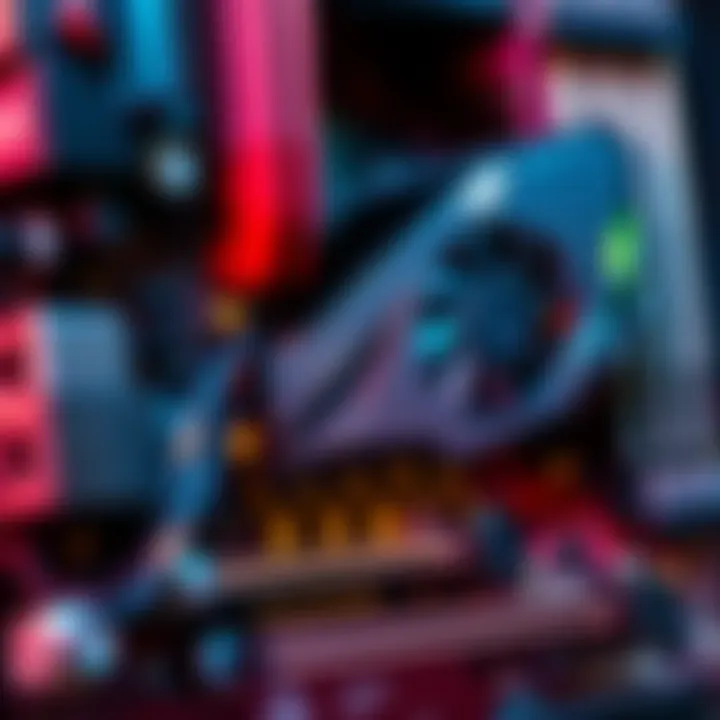 A close-up view of a motherboard with a graphics card being installed in the PCIe slot, showcasing the connection process.