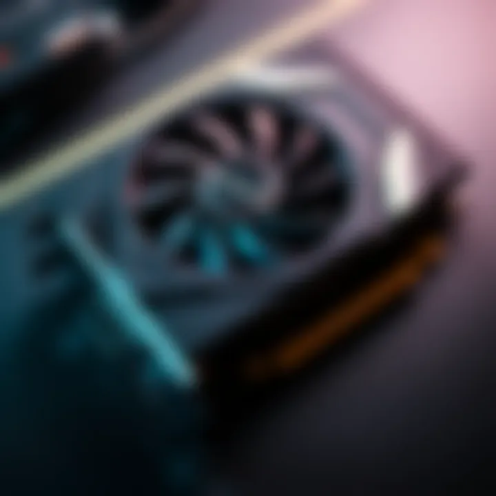 A close-up of a graphics card showing its length with a ruler for measurement comparison.