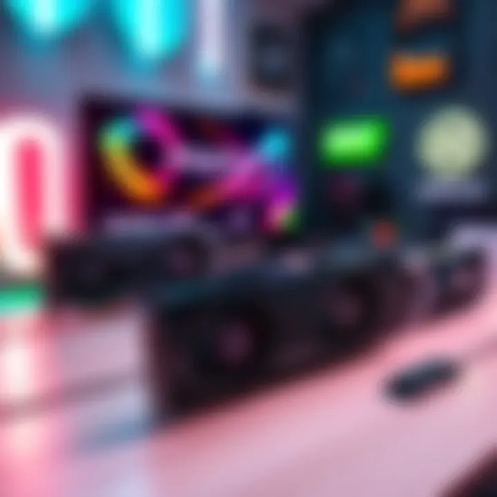 Graphics Card Upgrade Options A modern gaming setup showcasing various graphics cards for upgrade, featuring Nvidia 40 series options and a GeForce 3080 in the background.