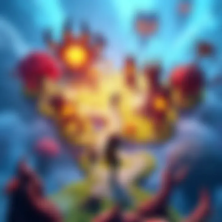 A player using a grapple to access a new path in a vibrant game environment with multiple biomes and a shadowy boss in the background.