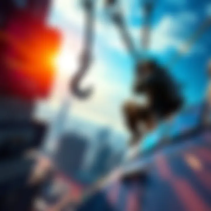 A character using a grappling hook to swing across a futuristic cityscape in a fast-paced shooter game