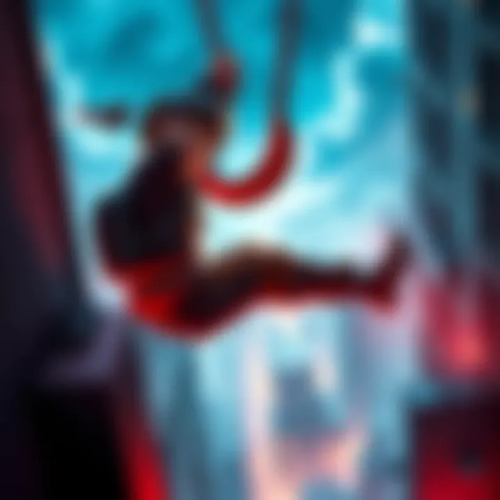 A character using a grappling hook to swing between buildings in a video game setting