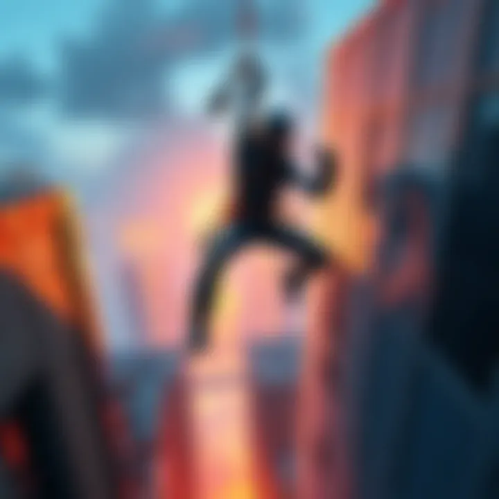 A character using a grappling hook to swing across a gap between buildings, showcasing the mechanics of the tool.