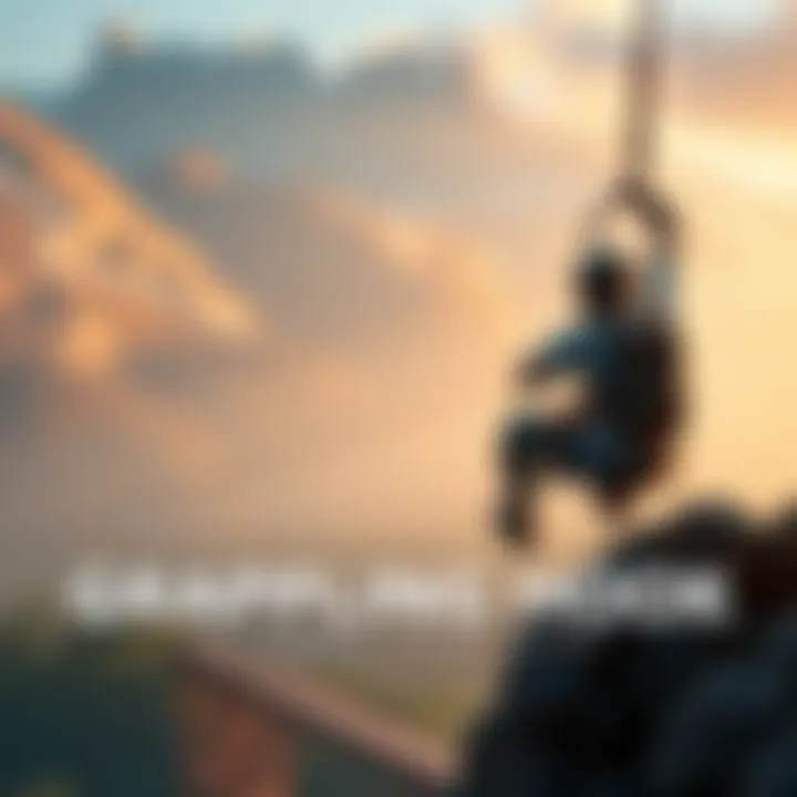 A player using a grappling hook to swing across a landscape in a gaming environment.