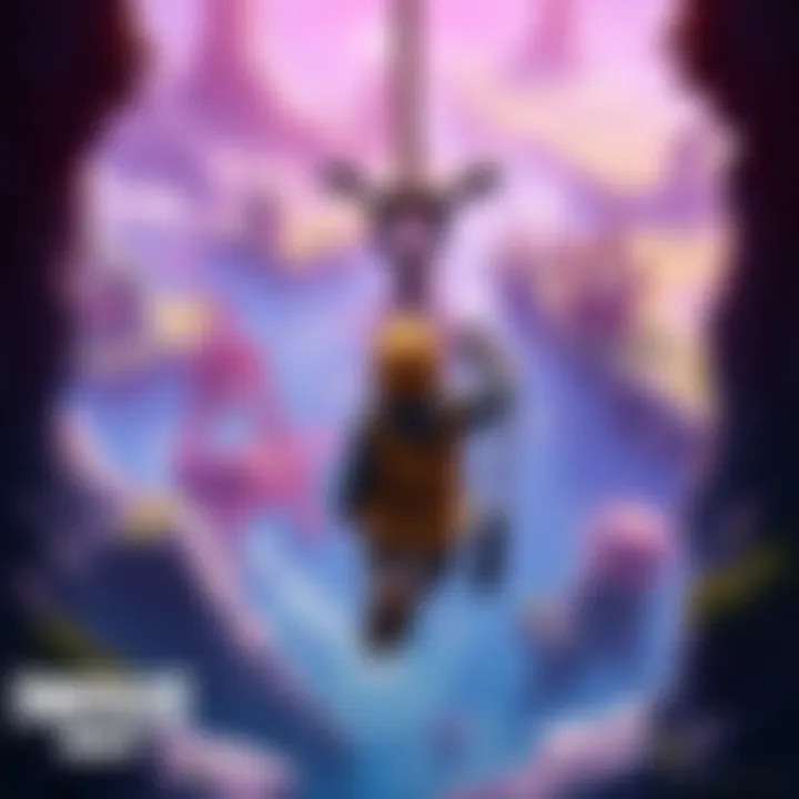 A player character looking for a grappling hook in a game environment, surrounded by colorful landscapes and structures.