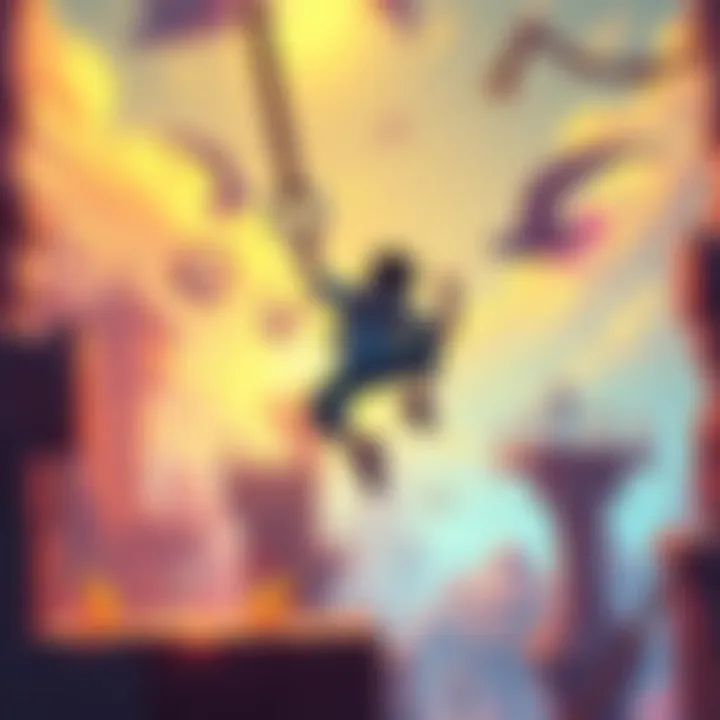 A character swinging with a grappling hook in a vibrant platformer environment, jumping between platforms and dodging obstacles.