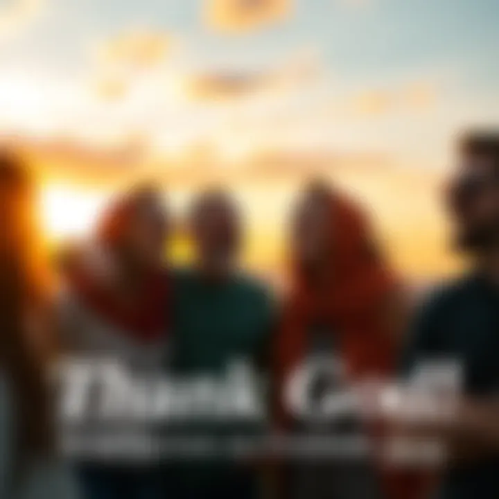 A group of friends sharing moments of gratitude together, smiling and enjoying each other’s company, with a sunset in the background.